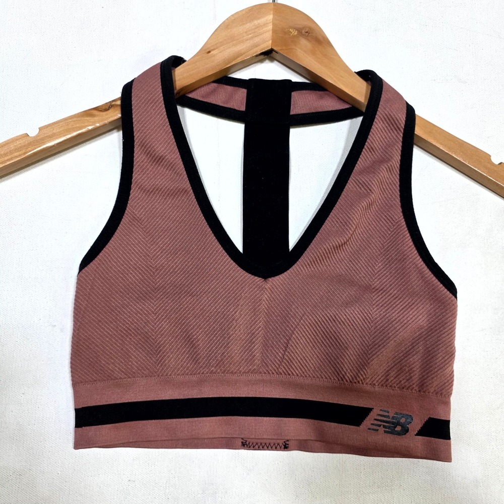 New Balance Sports Bra Womens Small Mauve Pink Black T-Back Seamless Activewear